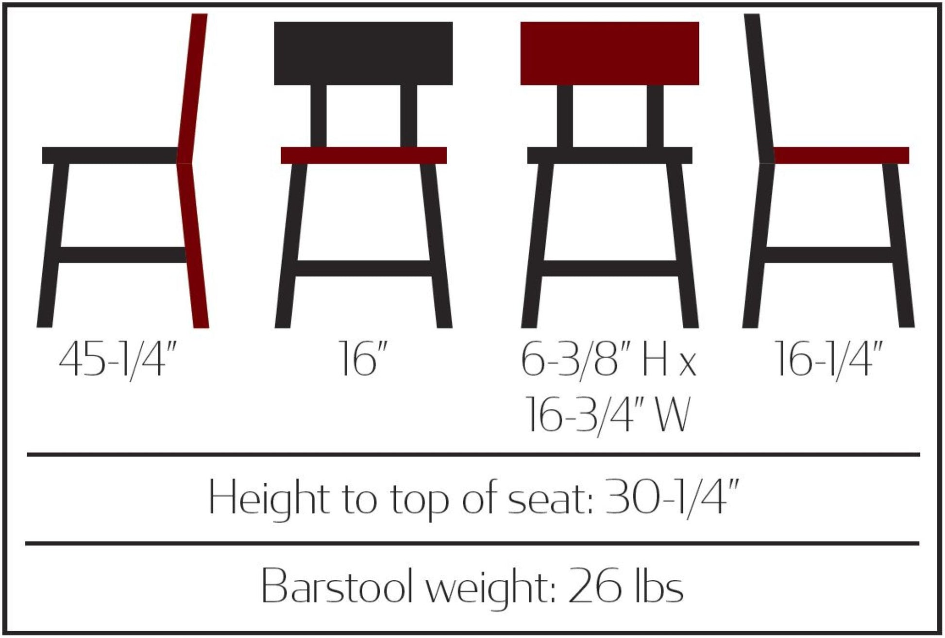 Dimensions for Commercial Outlander barstool with walnut wood seat and back and dark gray steel frame