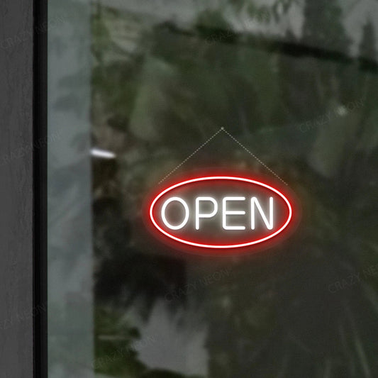 glowing oval open LED neon sign for restaurant or retail window display