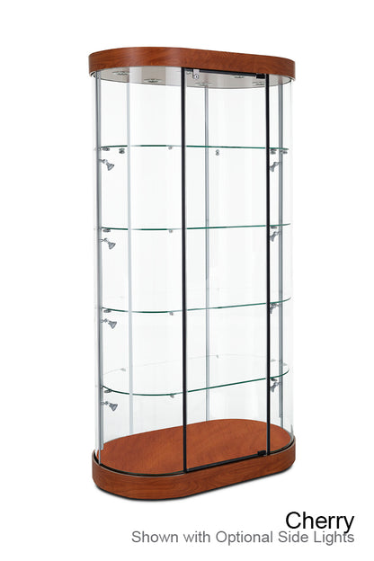 Front view of Euro Curved Glass Wide Tower Display Case with curved tempered glass panels, adjustable glass shelves, LED top lighting, and locking hinged door