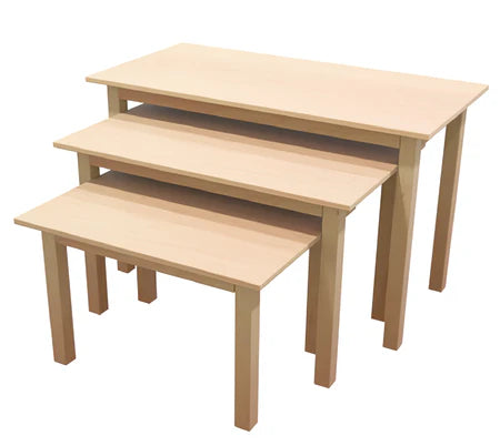 Front view of a three-piece set of premium Maple nesting display tables featuring a clear wood finish, designed for multi-level product merchandising in retail and hospitality spaces.