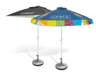 Two promotional umbrellas with branding on a white background