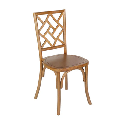 Brooklyn stackable solid wood dining chair in pecan finish with decorative back detail, shown from the front.