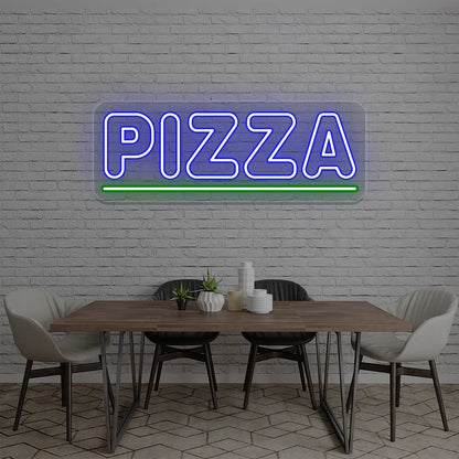 LED pizza neon light sign mounted on wall in pizzeria or bar interior