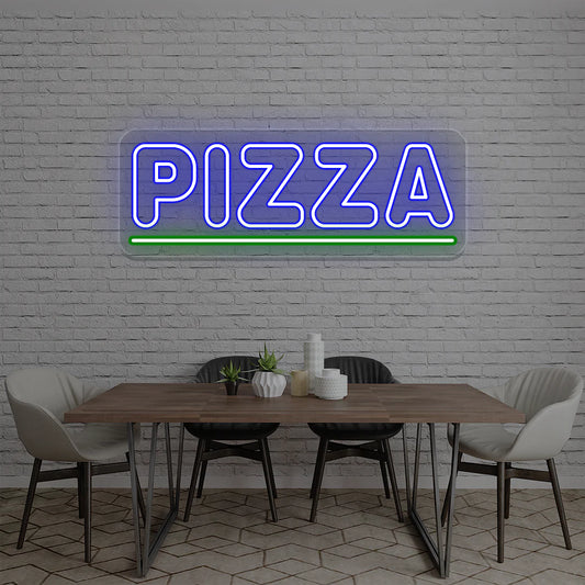 LED pizza neon light sign mounted on wall in pizzeria or bar interior