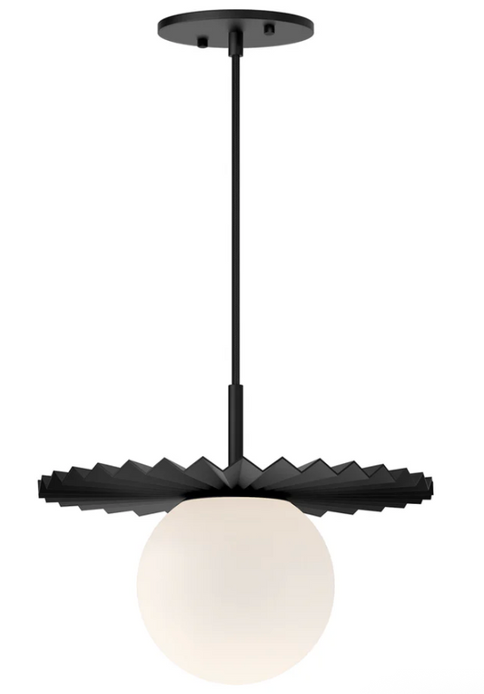 Plume pendant light in a black finish featuring a pleated decorative disk and large opal matte glass globe, inspired by Paris Fashion Week for modern restaurant and bar interiors.