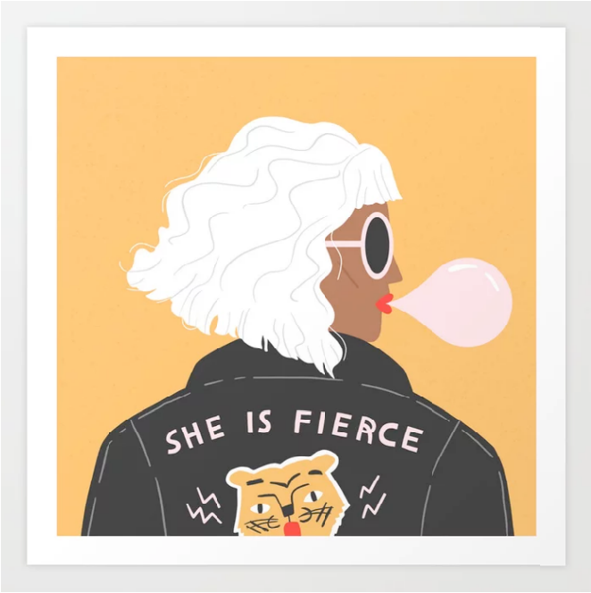 Illustration of a person wearing a jacket with 'She is Fierce' text on a yellow background