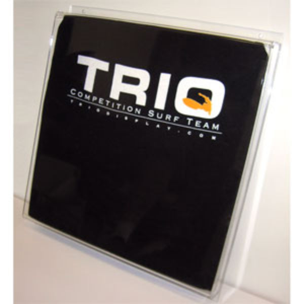 Clear acrylic T-shirt display box with included flat panel for wall or slatwall mounting.