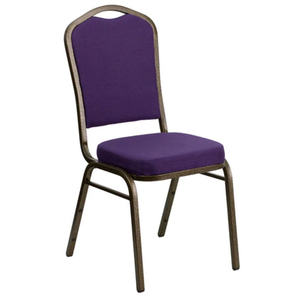 Crown back banquet chair with purple fabric upholstery and a gold steel frame.