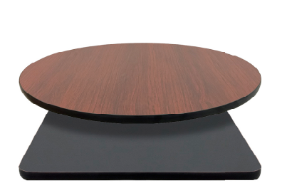 two-sided laminate table top featuring black finish on one side and mahogany finish on the opposite side.