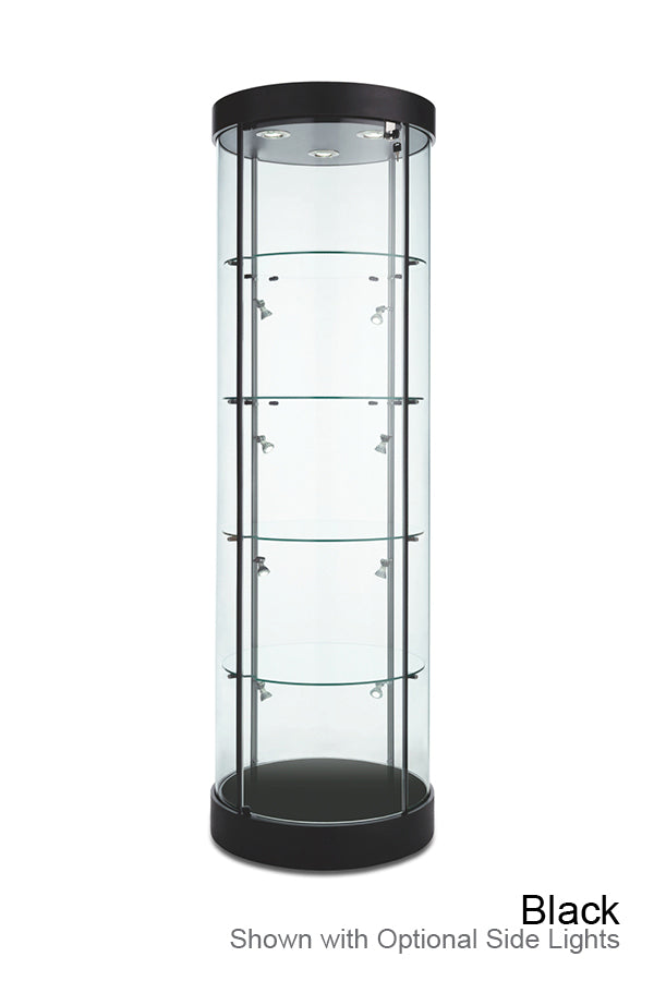 Front view of Euro Round Glass Tower Display Case with circular tempered glass panels, four adjustable glass shelves, and LED top lighting