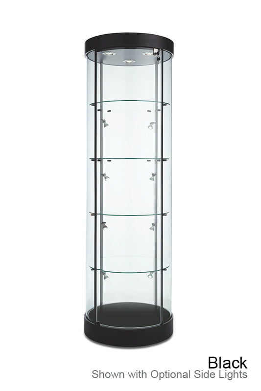 Front view of Euro Round Glass Tower Display Case with circular tempered glass panels, four adjustable glass shelves, and LED top lighting