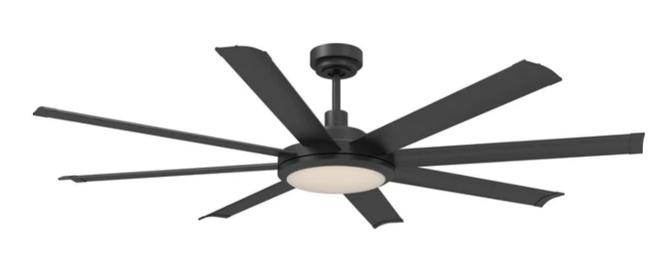 Black ceiling fan with light fixture on a white background