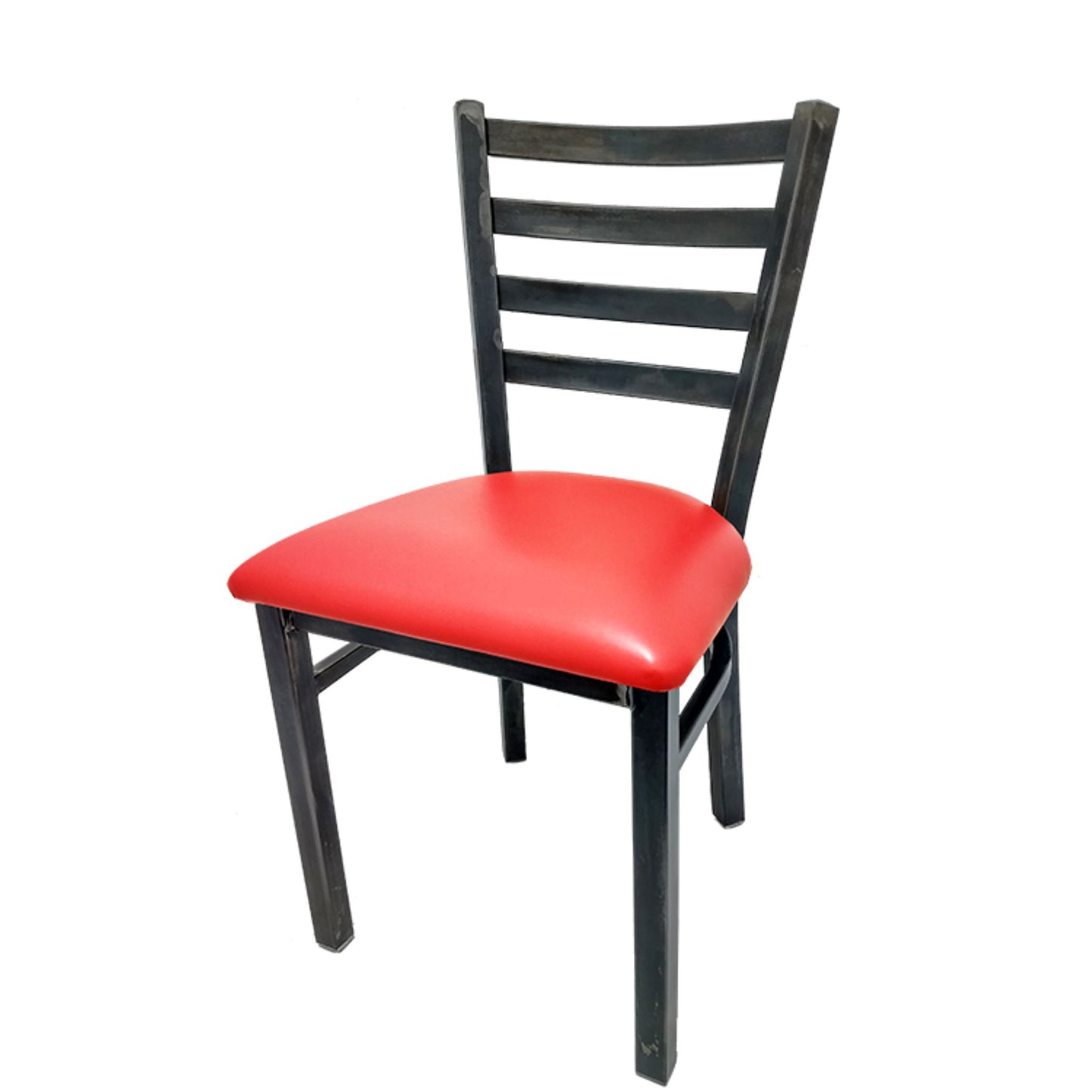 Rustic ladderback metal dining chair with clear coat steel frame and red vinyl seat.