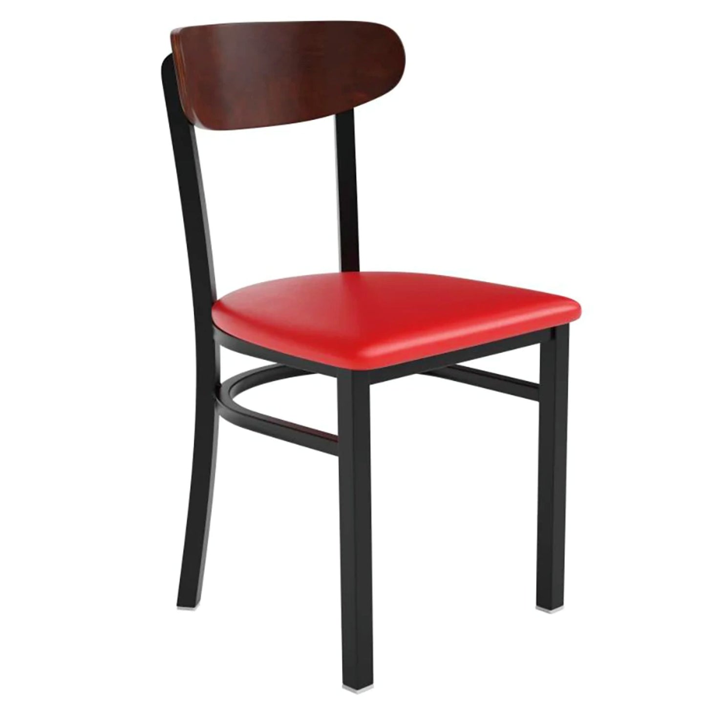 Dining chair with solid back, black steel frame, walnut wood backrest, and red vinyl seat shown from the front.