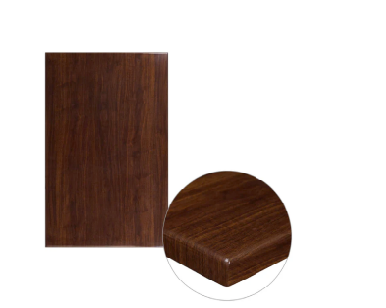 Square high-gloss resin restaurant table top in walnut and mahogany finishes with 2-inch thick drop-lip edge, shown installed on a dining table base in a commercial setting.