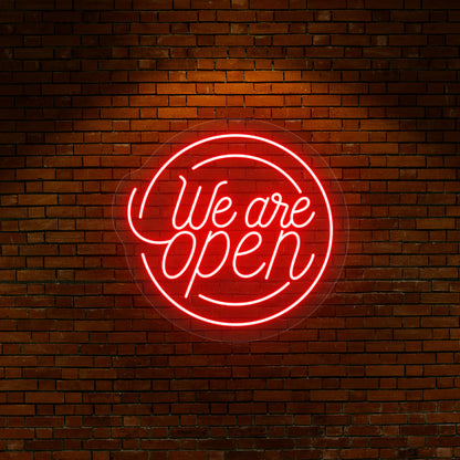 glowing we are open round LED neon sign for restaurant or retail window display