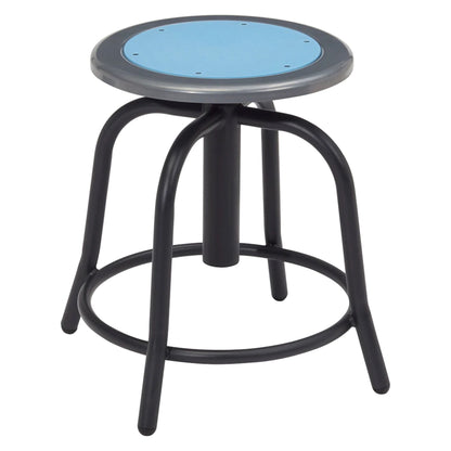 Round backless swivel stool with adjustable height, black metal base, footrest ring, and steel seat in blueberry blue.”