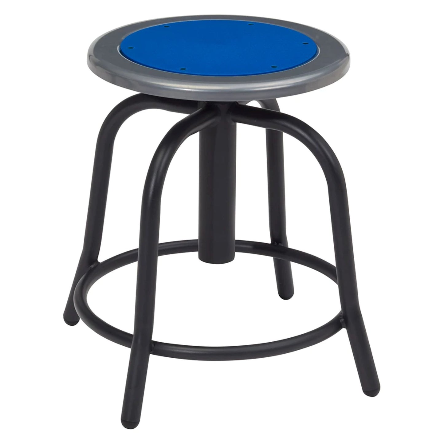 Commercial round backless swivel stool with adjustable height, black metal base, and steel seat in blue