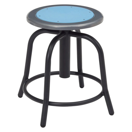 Round backless swivel stool with adjustable height, black metal base, footrest ring, and steel seat in blueberry blue.