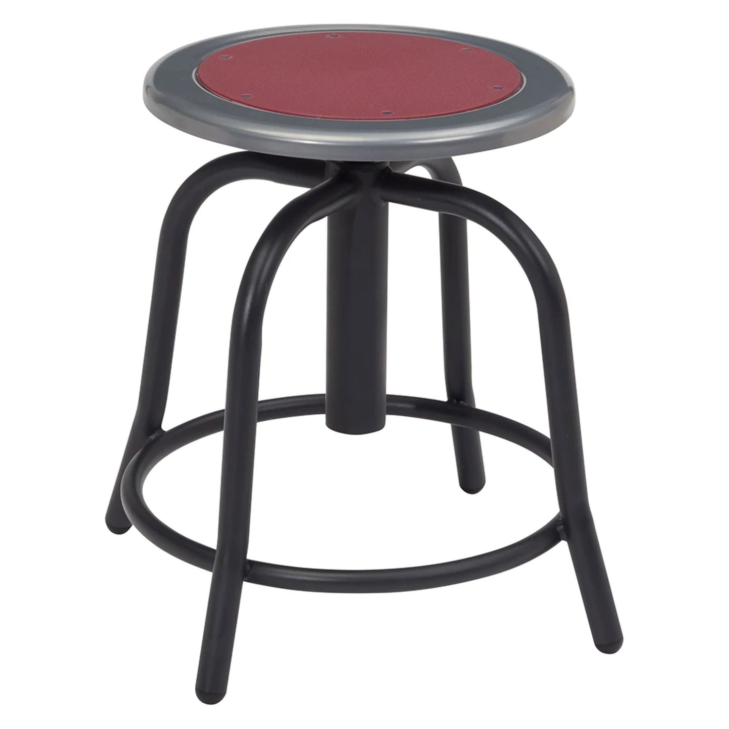Round backless adjustable swivel stool with black metal frame, footrest ring, and steel seat in burgundy red.