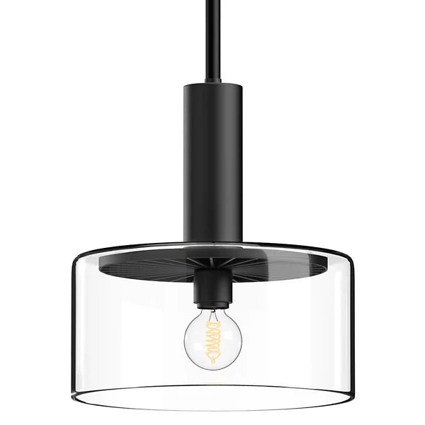 Royale pendant light in a black finish with a cylindrical metal body and clear glass drum shade, designed for modern bar and restaurant lighting.
