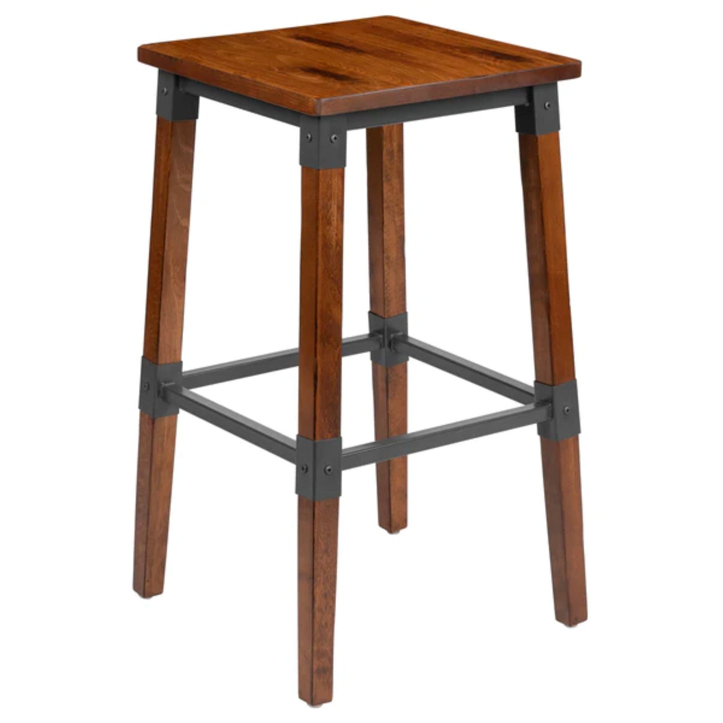 Rustic industrial backless wooden barstool with metal frame for restaurant interiors