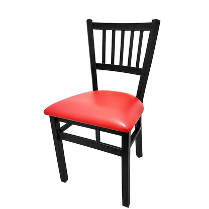 Dining chair with wood frame and red vinyl seat.