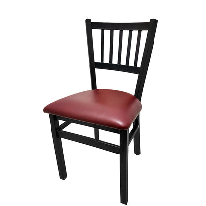 Dining chair with wood frame and wine vinyl seat.