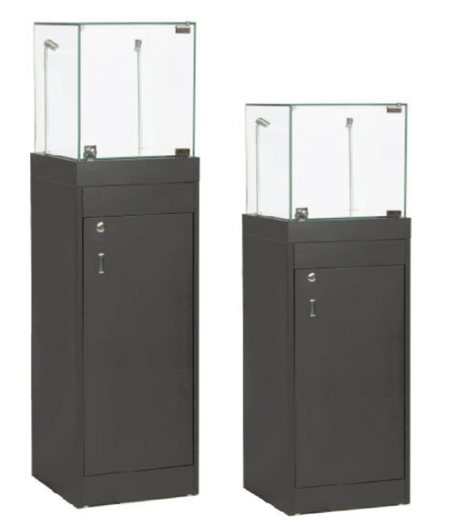 Front view of a black pedestal display case with a clear locking glass showcase top, tall slim base, and modern melamine finish