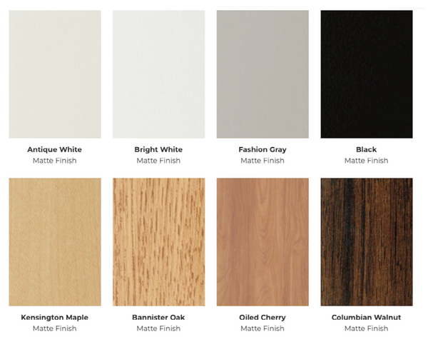 Color swatches with finishes labeled on a white background