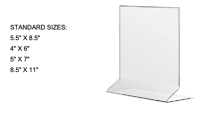 Clear acrylic display stand with dimensions listed on a white background