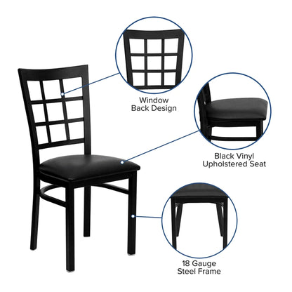Angled view of window pane back dining chair with black vinyl seat and durable black powder-coated steel frame highlighting chair attributes