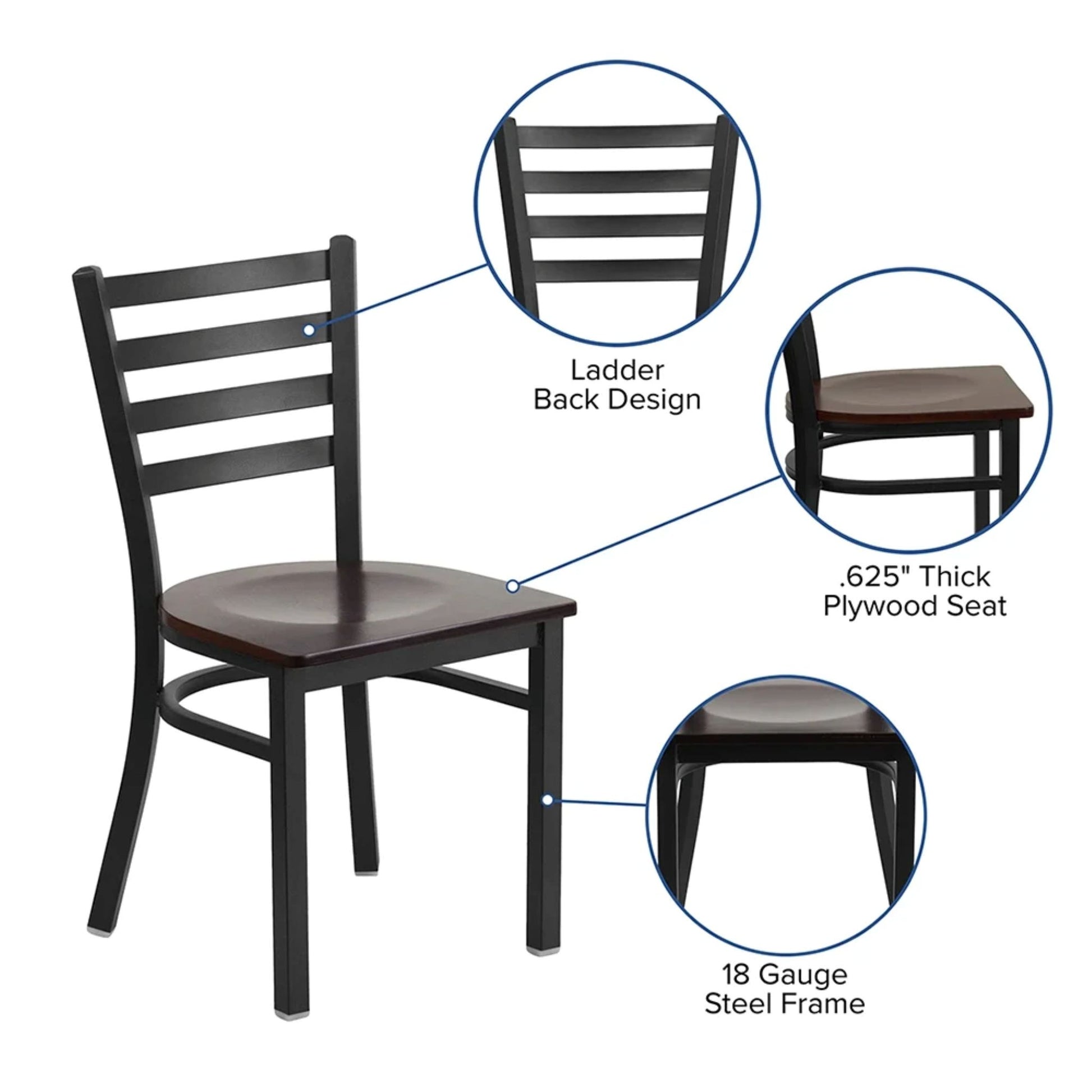 Side view with chair features of ladder-back dining chair featuring a walnut wood seat and black steel frame