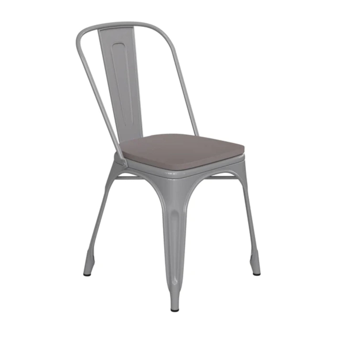 Silver metal indoor–outdoor chair with gray all-weather polystyrene seat and stackable frame design.