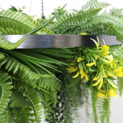 Silver Framed Roof Hanging Disc With Draping Life-Like Ferns and Plants UV Resistant Large