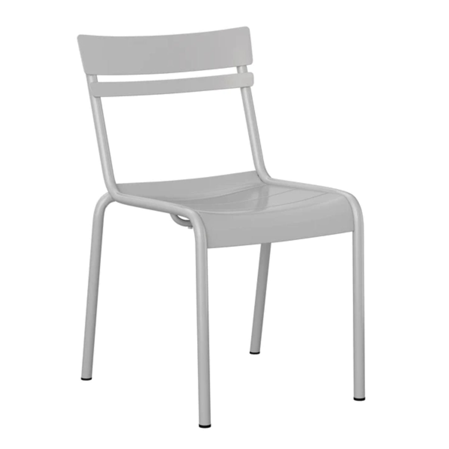 Angled view of silver steel café chair with slatted construction and floor glides.
