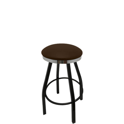 Slimline button top barstool with chrome swivel frame and espresso vinyl seat
