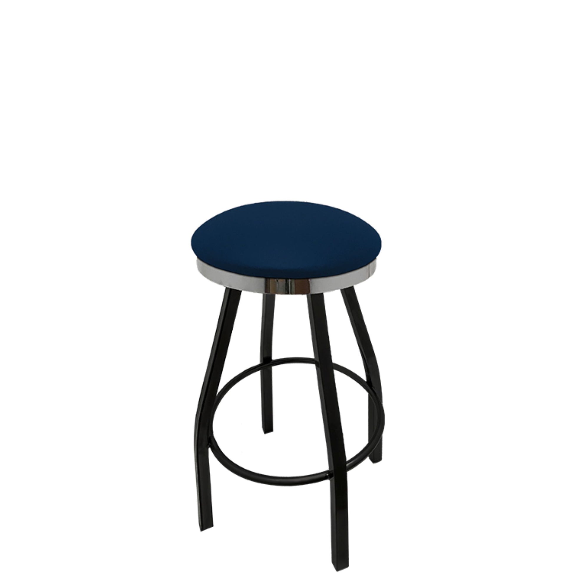 Slimline button top barstool with chrome swivel frame and navy vinyl seat