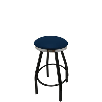 Slimline button top barstool with chrome swivel frame and navy vinyl seat