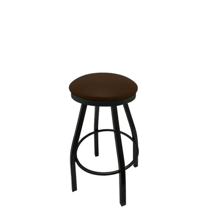 Slimline button top barstool with black swivel frame and espresso vinyl seat