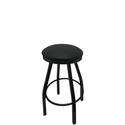 Slimline button top barstool with black swivel frame and black vinyl seat