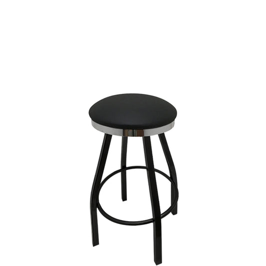Slimline button top barstool with chrome swivel ring and black vinyl seat