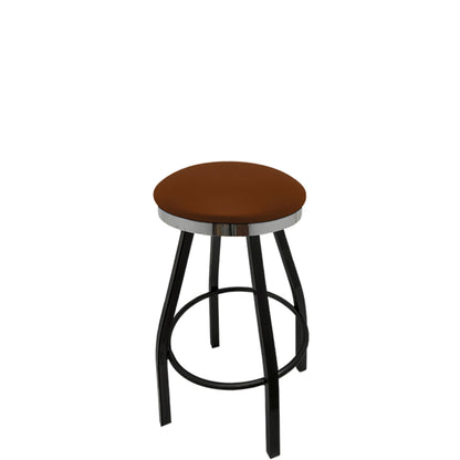 Slimline button top barstool with chrome swivel ring and chestnut vinyl seating