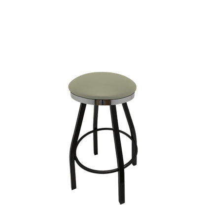 Slimline button top barstool with chrome swivel ring and dove gray vinyl seat