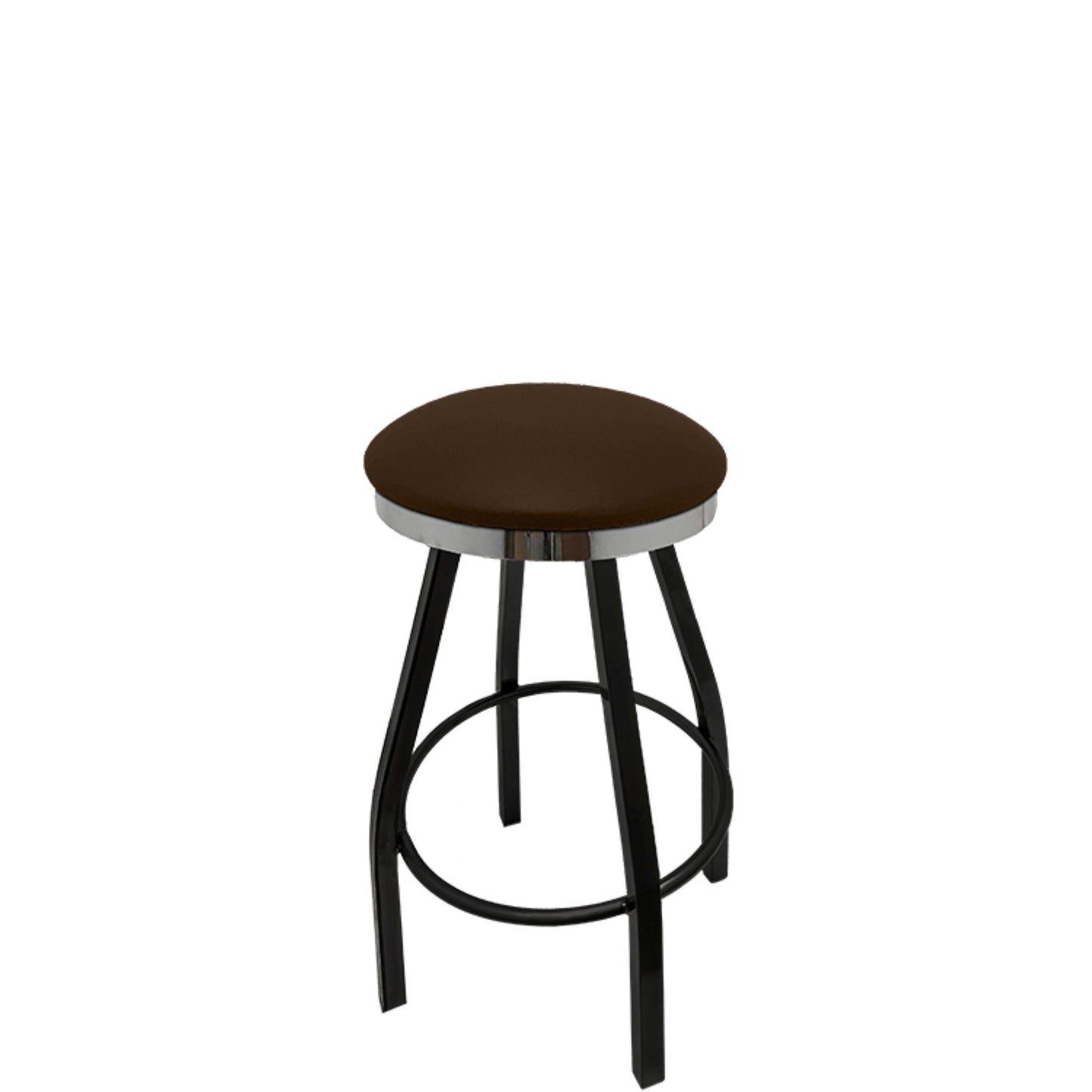 Slimline button top barstool with black swivel frame and espresso vinyl seat