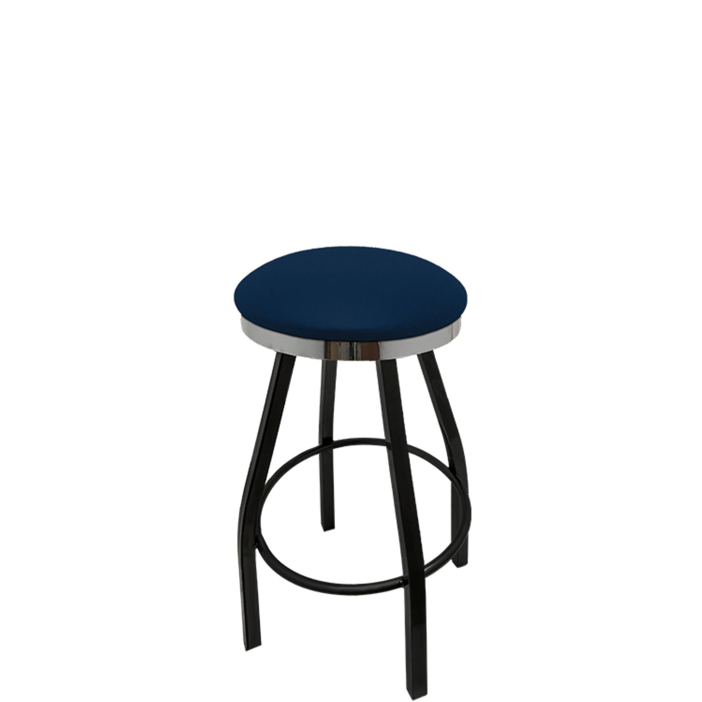 Slimline button top barstool with chrome swivel ring  and navy vinyl seat