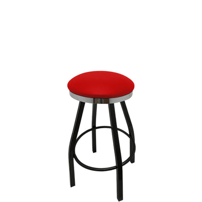 Slimline button top barstool with chrome swivel ring  and red vinyl seat