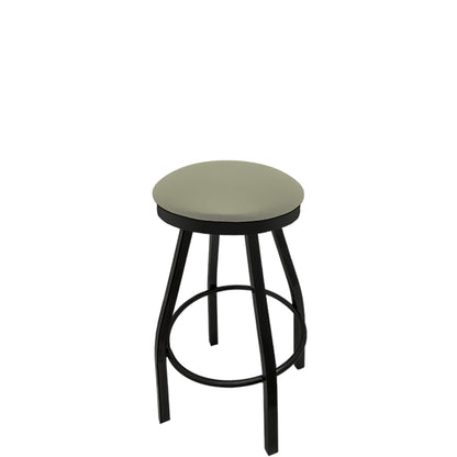 Slimline button top barstool with black swivel frame and dove gray vinyl seat