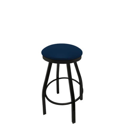 Slimline button top barstool with black swivel frame and navy vinyl seat