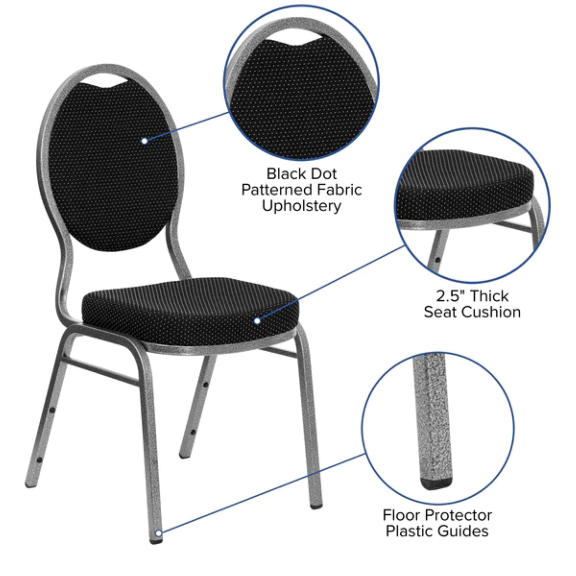 Angled stacked view of banquet chairs with black patterned upholstery and copper frames with product features